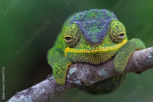 Detailed Close-Up of a Vibrant Chameleon Resting on a Tree Branch