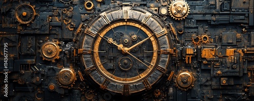 Steampunk vision, retrofuturistic cityscape with industrial elements, massive gears, steampowered machinery, horology influences, vintage Victorian style, intricate details