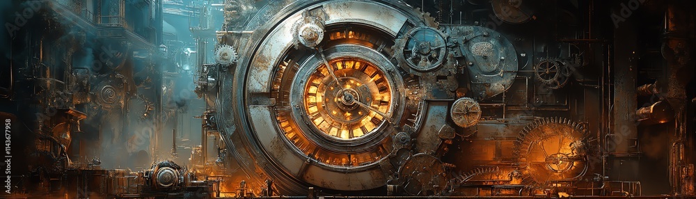 Obraz premium Steampunk world, retrofuturistic vision of an industrial society with large gears, horologyinspired designs, intricate machinery, Victorian architecture, warm vintage atmosphere