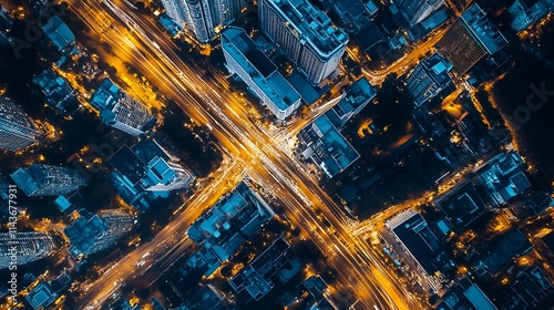 Aerial view of city intersection at night. Concept of urban infrastructure, city life, and modern architecture.