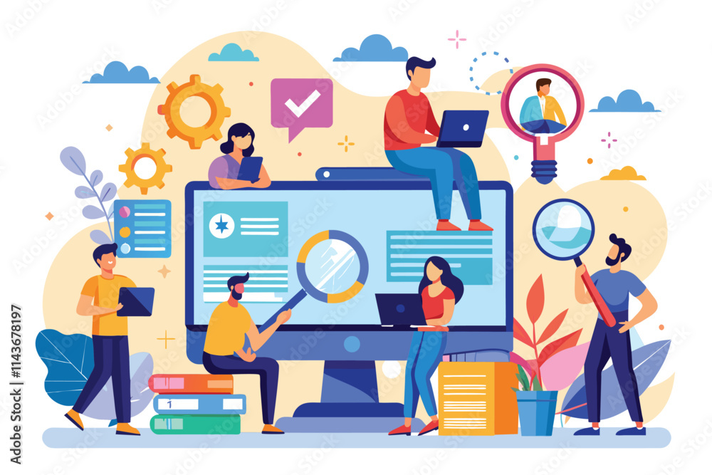 A group of individuals engaged in various online research activities with laptops and tablets People search for internet resources using computers, illustrated in a flat style. A group of individuals engaged in various online research activities with laptops and tablets People search for internet resources using computers, illustrated in a flat style.