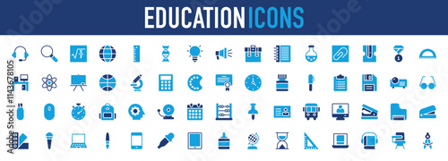 Set of Education icon. Headphone, Search, Usb, Formula, Earth Globe, Bulb, Megaphone, Ruler, Book Bag, Beaker, Strand, Paper Clip, Pencil Sharpener, Medal, Geometry, Work Table vector illustration.