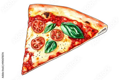 a slice of pizza with tomato. cheese. and basil. drawn in a watercolor style