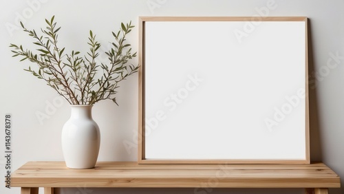 Wooden Frame Beside Vase with Green Branches on Table