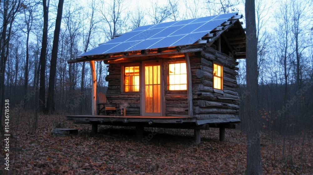 Illuminated Log Cabin with Solar Panels in a Forest Illuminated Log Cabin with Solar Panels in a Forest