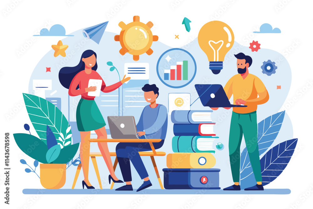 A group of three professionals is brainstorming ideas for their new business project in a modern workspace People starting a business project concept, illustrated in a flat style. A group of three professionals is brainstorming ideas for their new business project in a modern workspace People starting a business project concept, illustrated in a flat style.