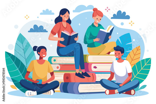 Four students are sitting and studying with books in a cheerful outdoor environment surrounded by greenery People sitting and studying with a book, flat illustration.