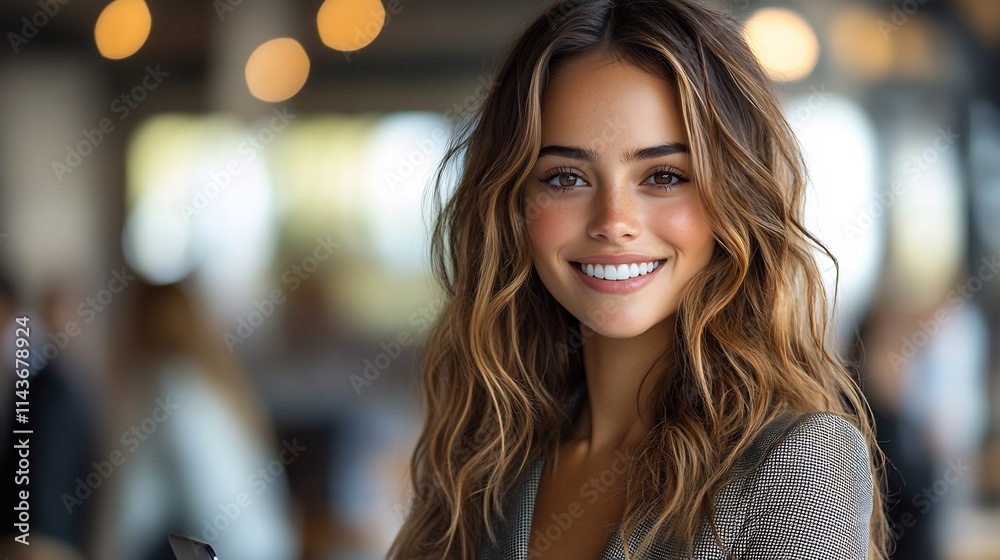 Obraz premium Businesswoman standing confidently in a modern suit smiling while holding a laptop on a transparent background