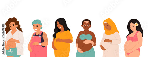 A beautiful illustration of diverse pregnant individuals showcasing inclusivity, motherhood, and strength in different cultures and identities