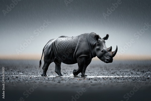 Dramatic rhinoceros walking near watering hole in nature captivating wildlife photography serene environment low angle perspective photo