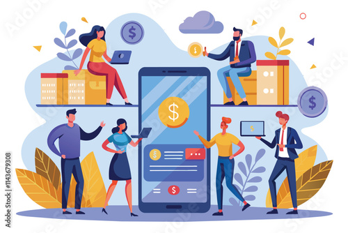 Individuals utilize smartphones to transfer money online in a lively digital workspace setting People transfer money online using smartphones, illustrated in a flat style.