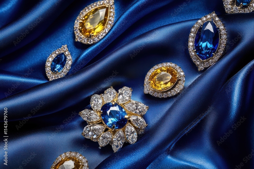 A close-up top view of an assortment of gold and gemstone jewelry, including blue and yellow sapphire pendants surrounded A close-up top view of an assortment of gold and gemstone jewelry, including blue and yellow sapphire pendants surrounded