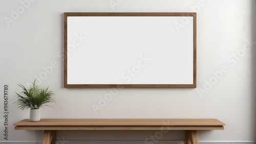 Blank Frame on Wall Above Wooden Bench with Plant