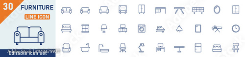 Furniture line icon set. Set of 30 outline icons related to home furniture, chairs, sofas, tables, cupboards, mattresses, lamps, mirrors, bookshelves and others. Editable stroke. Vector illustration.