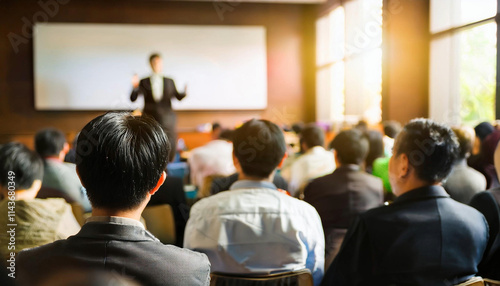 Conference room filled with attentive diverse audience listening on blurred speaker presenter man with projection screen at front
