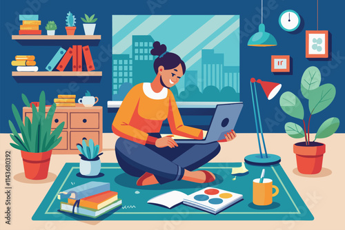 The individual is seated on a rug, focused on their laptop amidst plants and colorful stationery Person doing activities at home, flat drawing