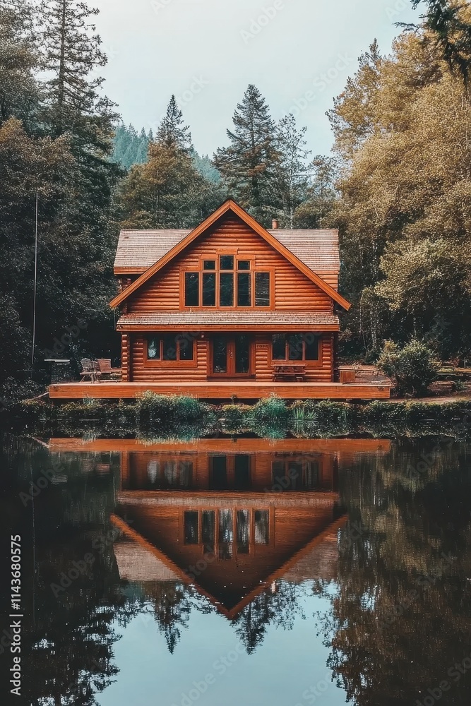Wooden Cabin Reflecting in Calm Lake Water Wooden Cabin Reflecting in Calm Lake Water