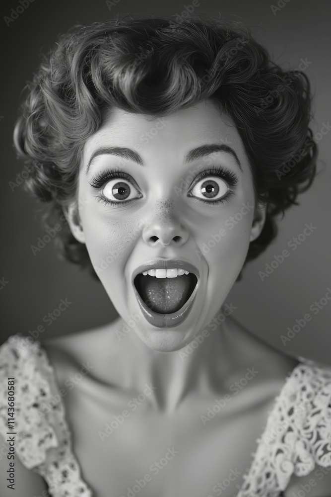 A black and white photo of a woman with a surprised look on her face A black and white photo of a woman with a surprised look on her face