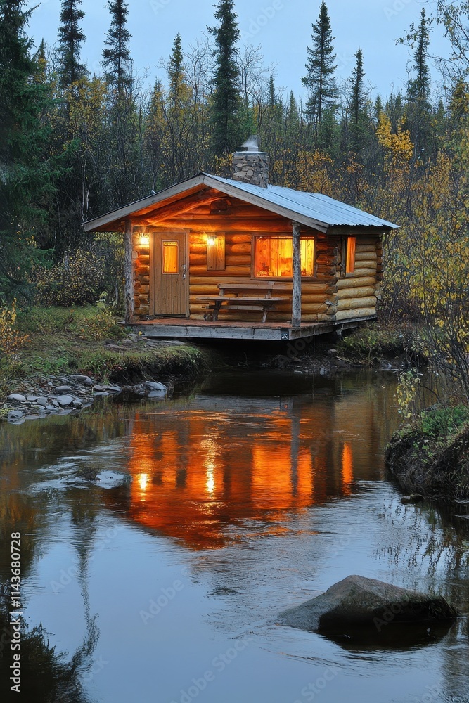 Fototapeta premium Illuminated Log Cabin by Tranquil River at Dusk