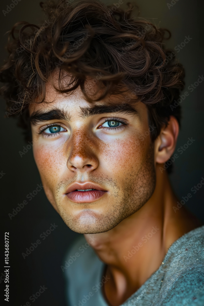 A young man with curly hair and blue eyes A young man with curly hair and blue eyes