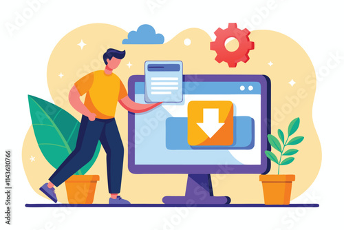 A person is transferring a file via a download button displayed on a computer amid plants and clouds Person transferring file with download button on computer screen, flat illustration trending.