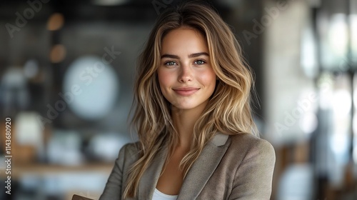 Businesswoman standing confidently holding a folder and smiling in a professional suit on a transparent background