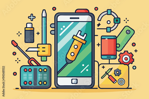 A colorful drawing featuring various tools for fixing a mobile phone and a smartphone prominently displayed Phone fix, simple drawing