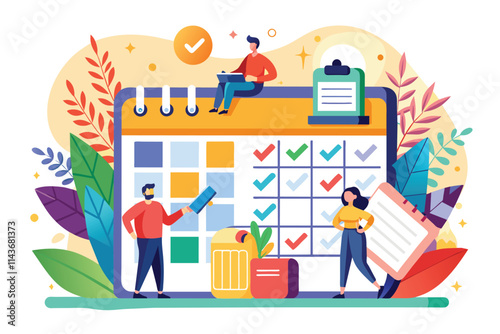 Two professionals organize their business tasks using a vibrant calendar and checklist with illustrations Plan and manage your business activities with a calendar illustration.