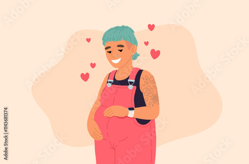 Illustration of a smiling nonbinary parent with tattoos and pink hair, lovingly embracing their pregnant belly, dressed in casual overalls. A modern, inclusive representation of family and diversity.