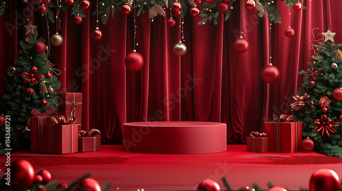 Festive Christmas Stage with Red Decor | Holiday Decorations, Gifts, and Trees photo