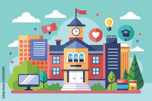 A vibrant multimedia school features a modern design with symbols of creativity and education displayed around it Popular multimedia school with trendy, minimalist illustrations.