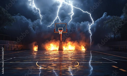Basketball on Fire Under Stormy Night Sky with Lightning Strikes