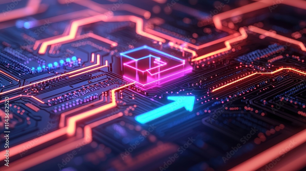 Abstract Circuit Board with Neon Lights and Directional Arrow Abstract Circuit Board with Neon Lights and Directional Arrow