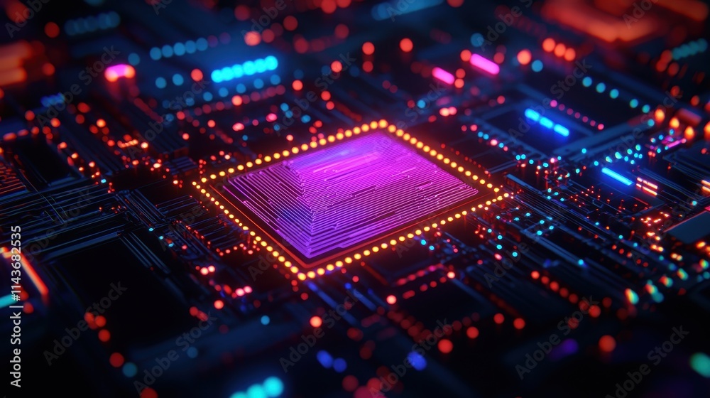 Fototapeta premium Futuristic Circuit Board with Colorful Neon Lights and Chips