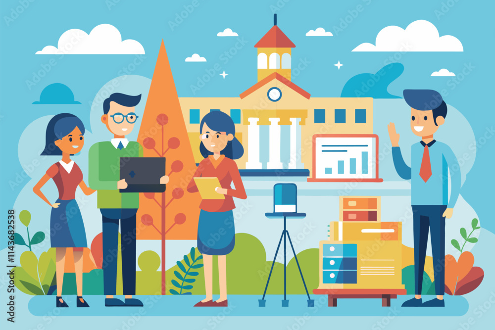 A group of professionals engages in discussion while preparing for a project presentation outdoors presentation, simple illustration A group of professionals engages in discussion while preparing for a project presentation outdoors presentation, simple illustration