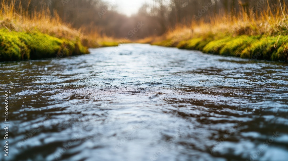 Obraz premium Tranquil Stream Surrounded by Lush Grass at Sunset in Nature