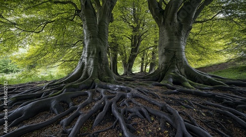 Thick branches of chestnut trees, composition from branches to roots photo