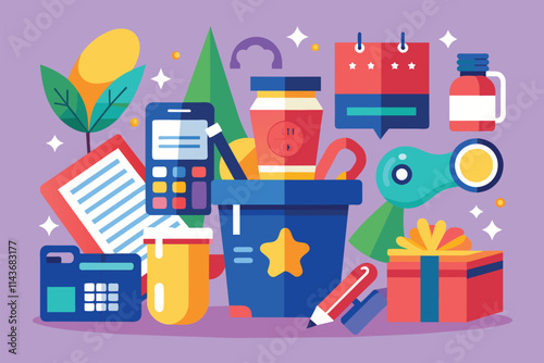 A vibrant assortment of promotional items and their prices arranged creatively in a flat design style Promo item prices, flat illustration.
