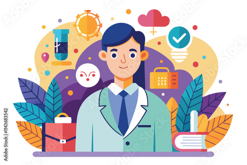 A psychologist stands in a vibrant office decorated with therapy tools and symbols of mental health Psychologist illustration, customizable and flat.