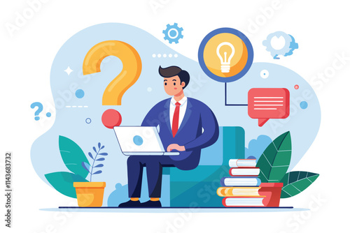 A businessman sits with a laptop, contemplating solutions while surrounded by question marks and ideas Question mark, businessman solving problem, flat illustration