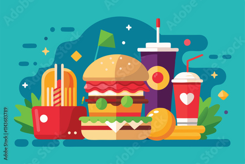 Delicious fast food assortment features a burger, fries, and beverages in a visually appealing design Quick and customizable flat illustration of fast food.