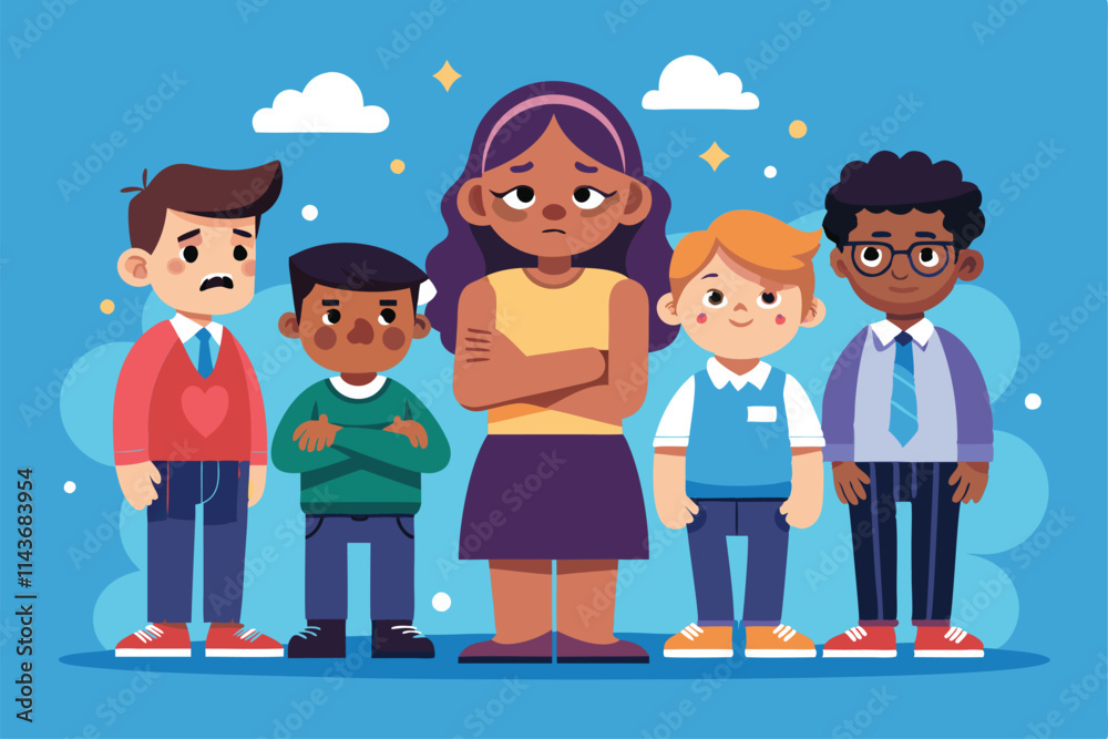 A group of children shows various emotions related to bullying, highlighting racism and exclusion Racist bullying illustration, customizable and flat. A group of children shows various emotions related to bullying, highlighting racism and exclusion Racist bullying illustration, customizable and flat.