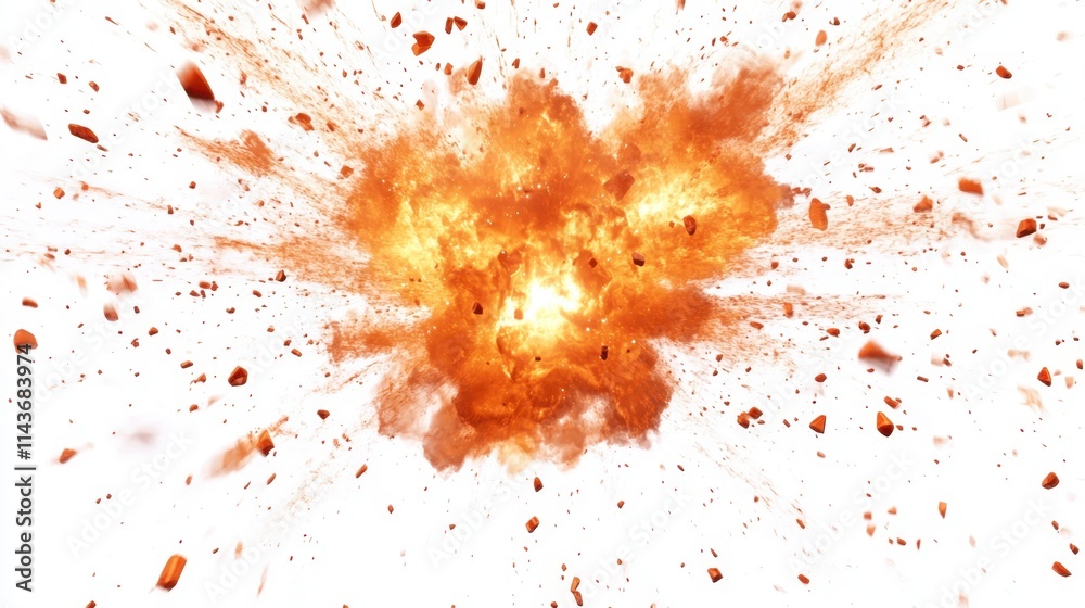 Fiery Explosion with Debris, 3D Render, White Background Fiery Explosion with Debris, 3D Render, White Background