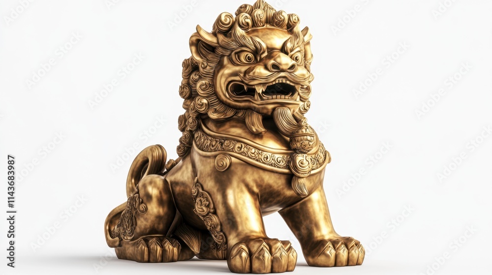 Golden Chinese Guardian Lion Statue, 3D Render, Isolated on White Background
