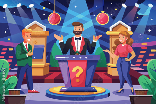 A lively quiz show features a charismatic host and excited contestants participating in a fun challenge Quiz show illustration