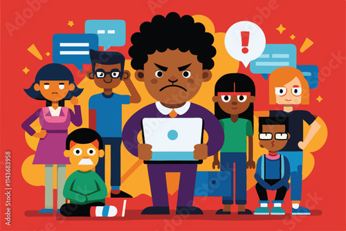 A group of students reacts to an online bully, showcasing the impact of racist bullying in schools Racist bullying illustration, customizable and flat.