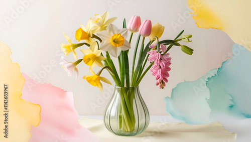 Watercolor background and transparent vase with spring flowers.