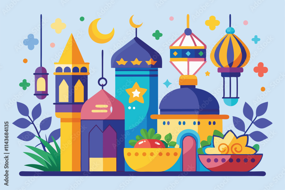 Fototapeta premium A vibrant drawing showcases decorative elements for Ramadan, including lanterns and moons against a pastel background Ramadan flat drawing