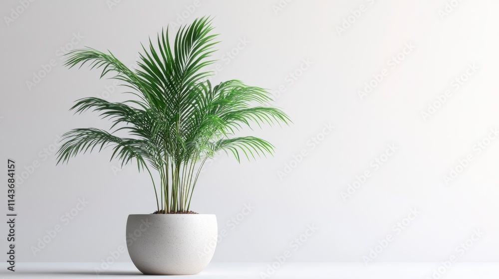Fototapeta premium Kentia Palm in White Pot Against White Wall - Minimalist Home Decor