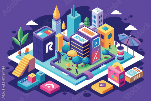 This colorful illustration depicts a rebranding initiative featuring urban elements and greenery Rebranding Isometric Illustration